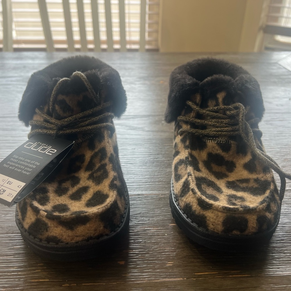 Hey Dude Brit Black and Tan Leopard Slippers